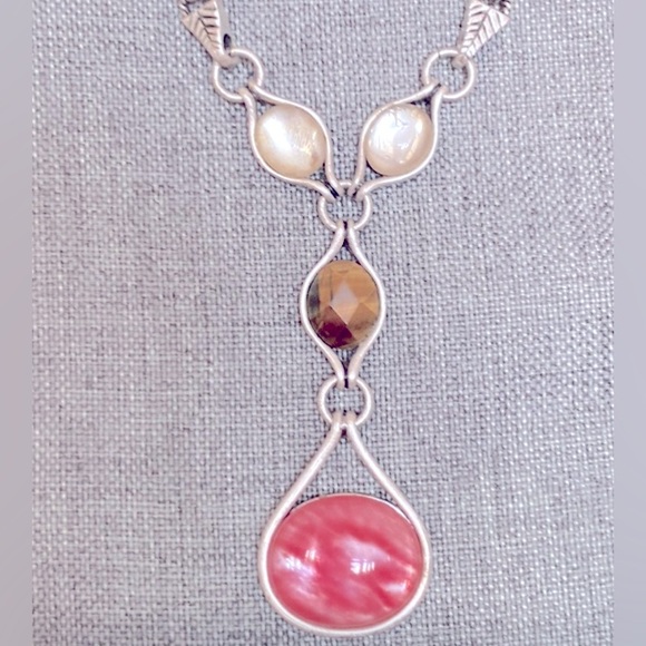Lia Sophia Necklace Strawberry Quartz oval, faceted Tiger Eye, Freshwater Pearl - Picture 1 of 6